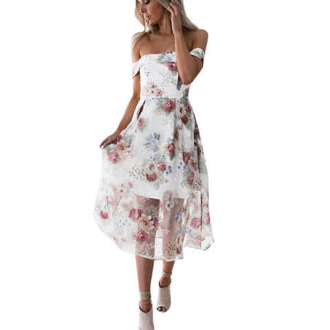 Women Summer Off Shoulder Floral Printed Long Maxi Dress